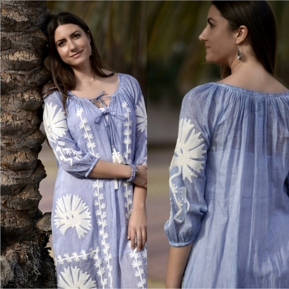 Dolma Elana Embroidered Dress in Sky Blue - Picture 2 of 6